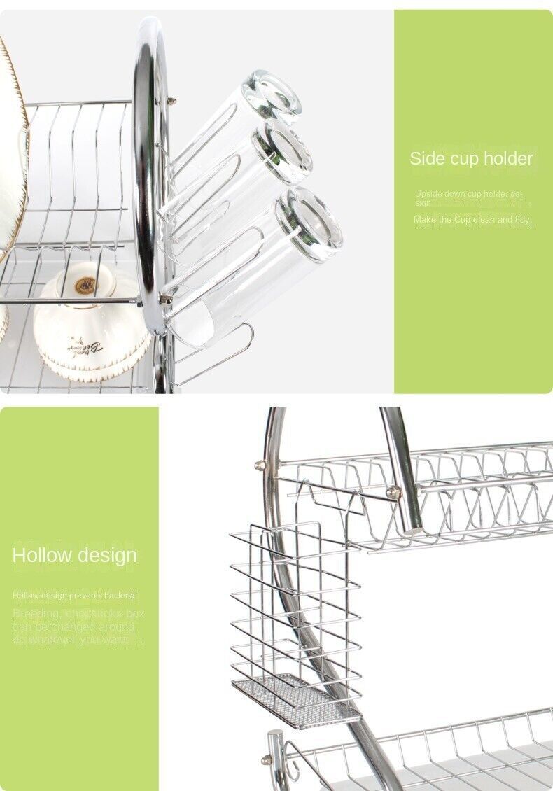 2 Tier Dish Drainer Rack With Drip Tray Kitchen Drying Rack Bowl Plate Holder UK