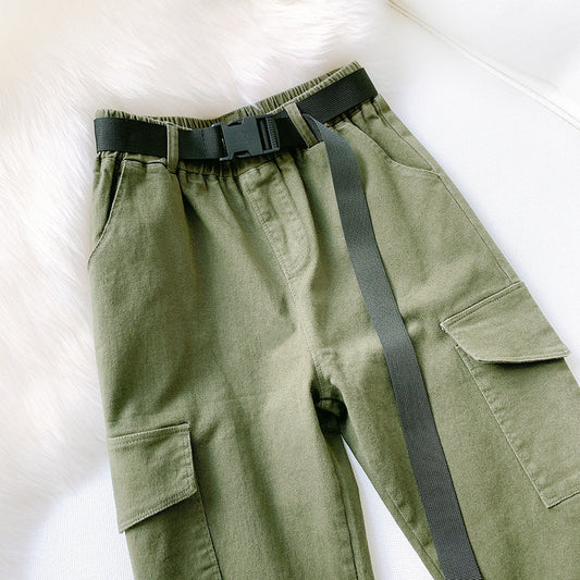 Multi-pocket pants high-waist straight-leg pants