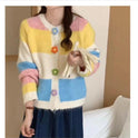 Rainbow Striped Floral Buckle Knitted Cardigan Coat For Women