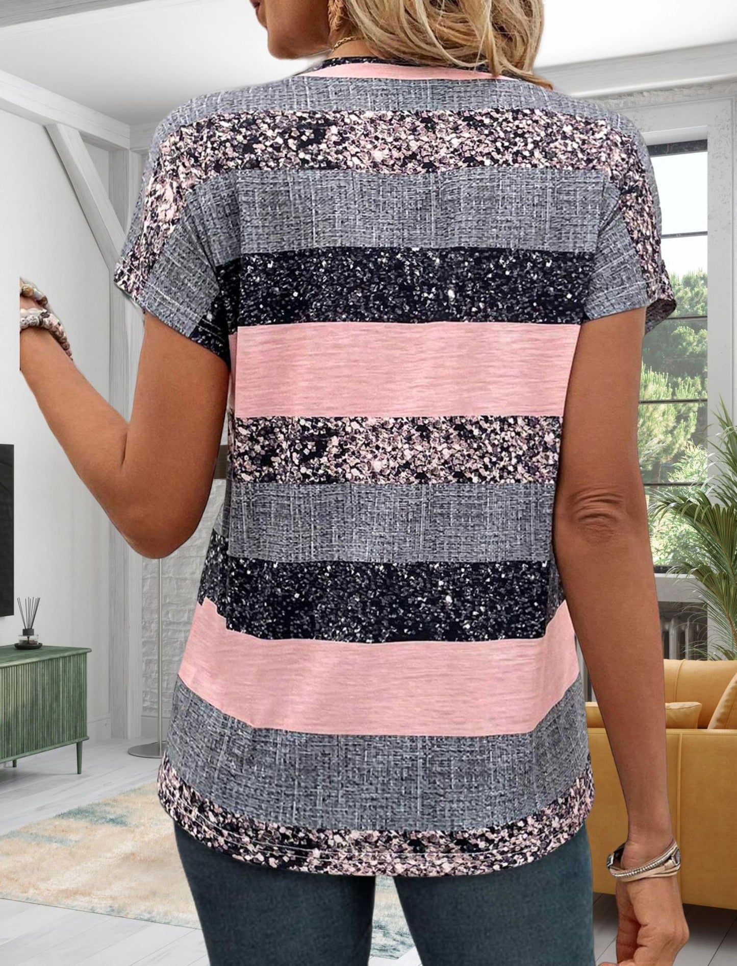 European And American Summer Short Sleeve Striped V-neck 3D Printed Casual T-shirt