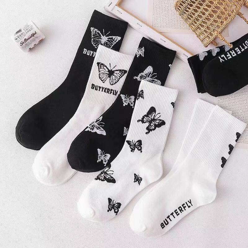 Butterfly Women's Tube Socks Hot Style Black And White Cartoon