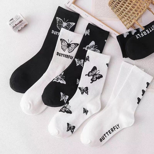 Butterfly Women's Tube Socks Hot Style Black And White Cartoon