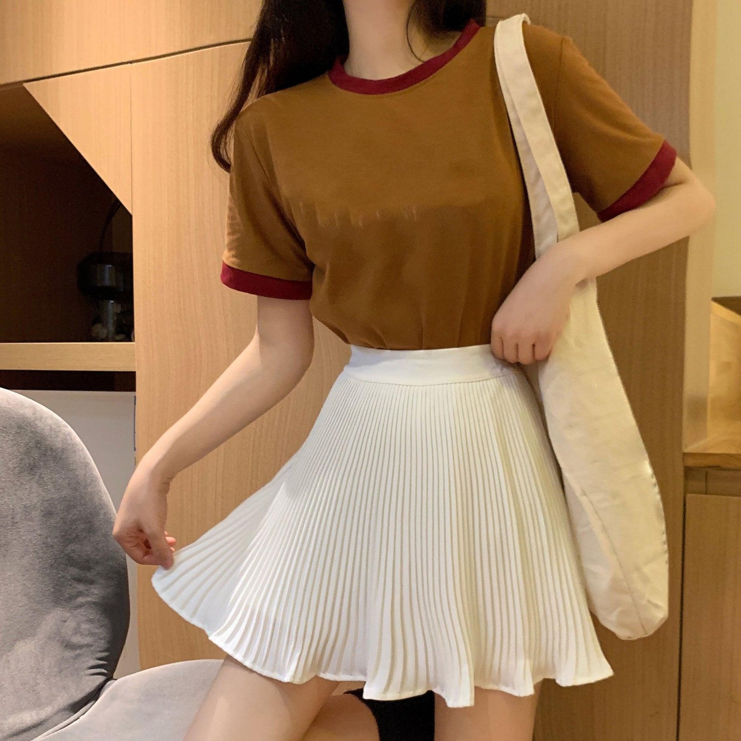 College style high waist slim white a-line skirt