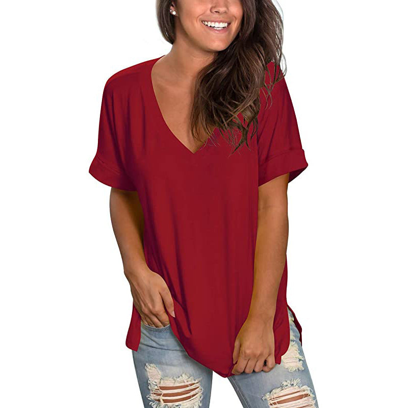 V-neck Solid Color Short-sleeved Top Loose Women's T-shirt