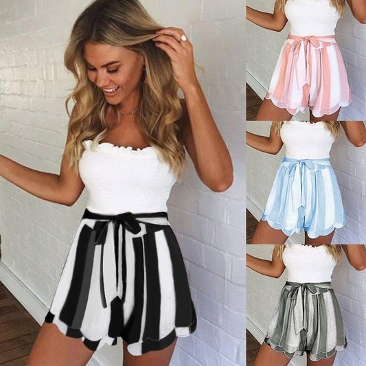 Striped print lace up flap double layer shorts