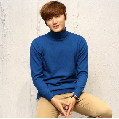 Knit Sweater Men High Neck Pullover Solid Color Slim Fit