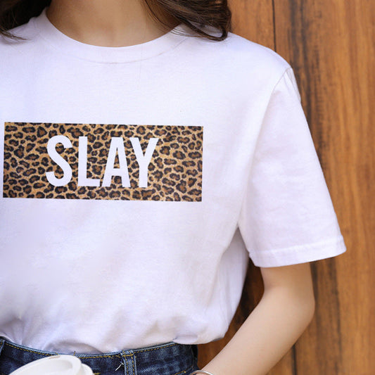 Leopard Pattern Print Ladies Simple Round Neck Short Sleeve T-shirt