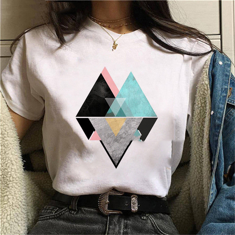 Simple Geometric Graphic Print Ladies Plus Size Casual T-shirt