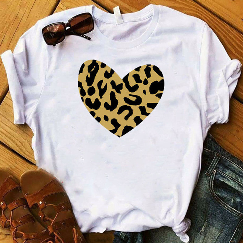 European And American Leopard Print Love Short Sleeve Shirt For Men And Women