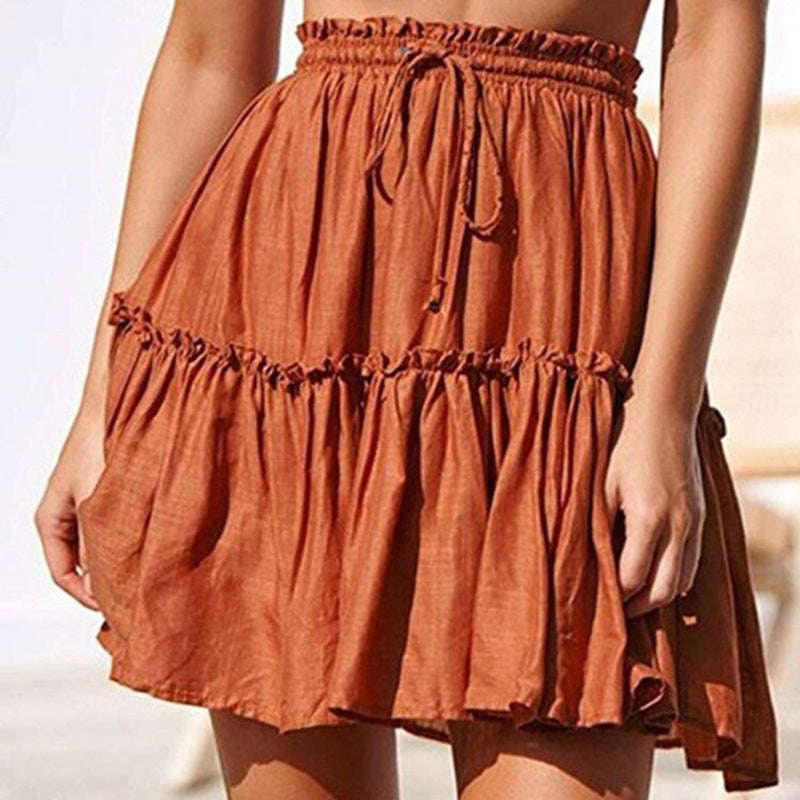 Fashion Retro Solid Color Casual Drawstring Ruffle Skirt