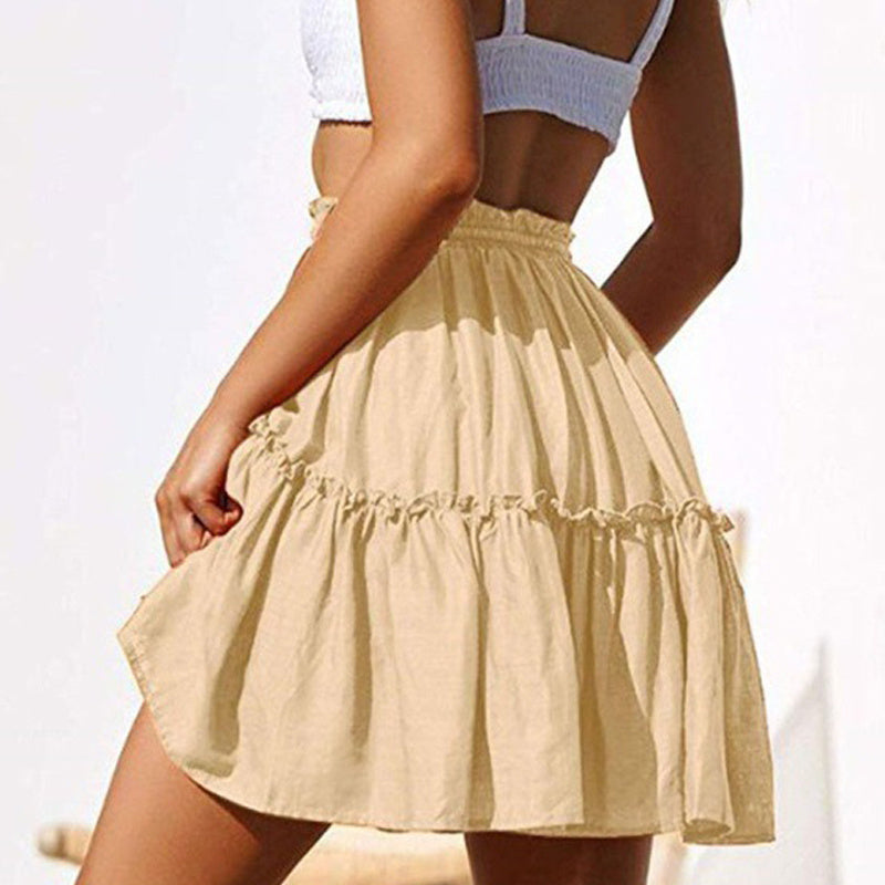 Fashion Retro Solid Color Casual Drawstring Ruffle Skirt