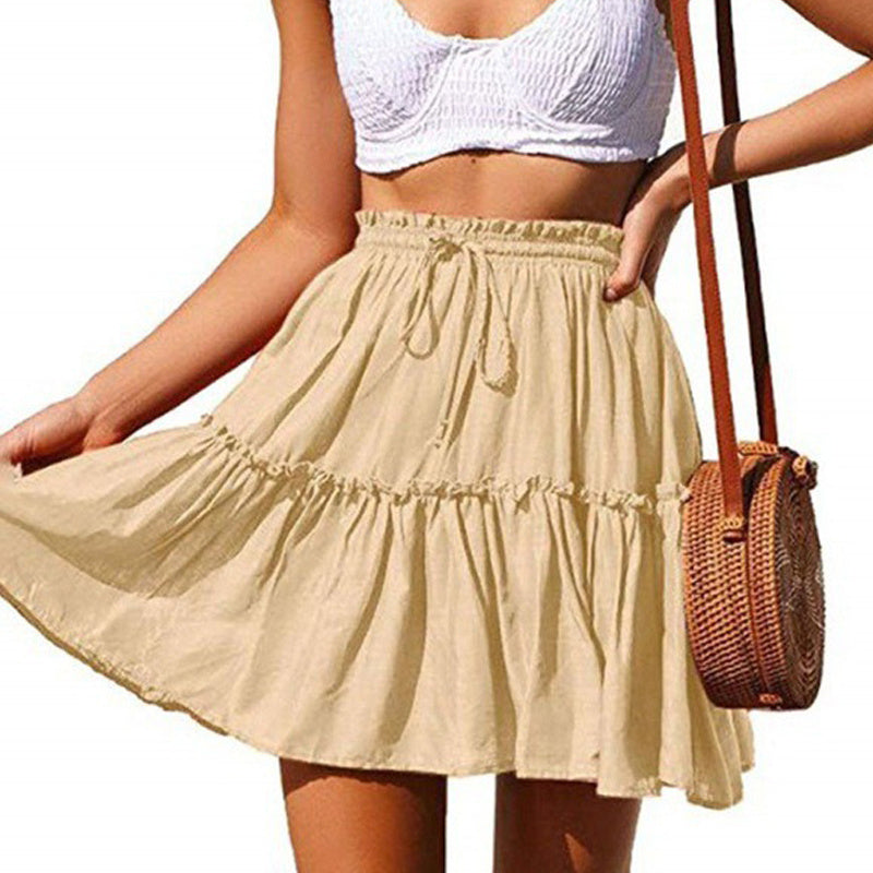 Fashion Retro Solid Color Casual Drawstring Ruffle Skirt