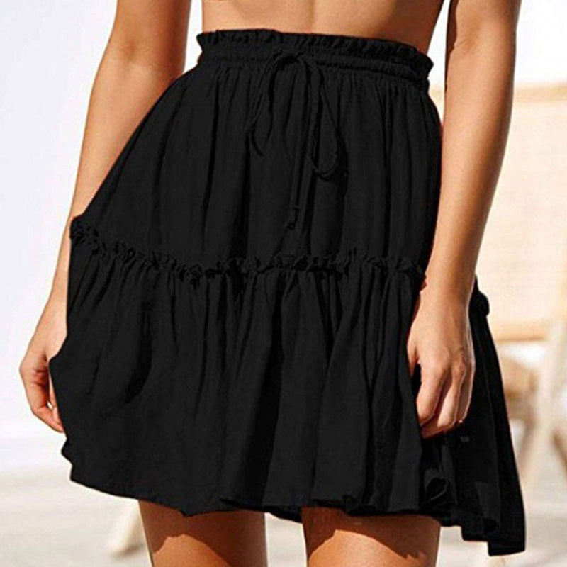 Fashion Retro Solid Color Casual Drawstring Ruffle Skirt