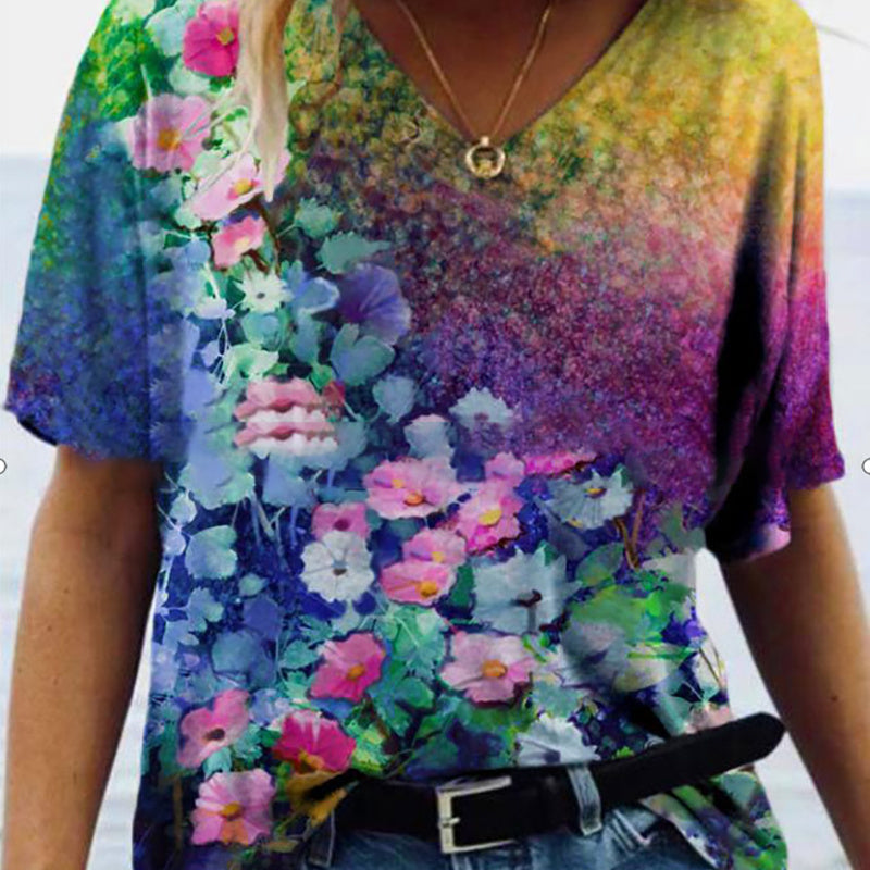 Fashion Trend All Match Digital Abstract Printing Loose V Neck Short Sleeved T Shirt