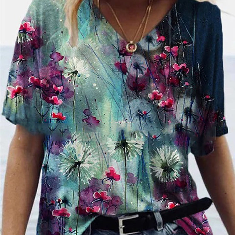 Fashion Trend All Match Digital Abstract Printing Loose V Neck Short Sleeved T Shirt