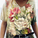 Fashion Trend All Match Digital Abstract Printing Loose V Neck Short Sleeved T Shirt