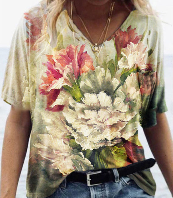 Fashion Trend All Match Digital Abstract Printing Loose V Neck Short Sleeved T Shirt