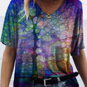 Fashion Trend All Match Digital Abstract Printing Loose V Neck Short Sleeved T Shirt