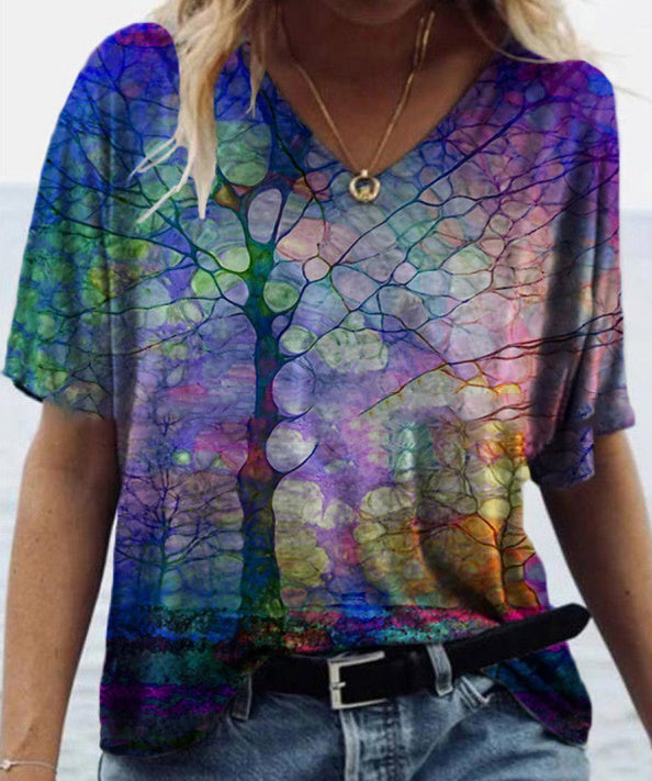 Fashion Trend All Match Digital Abstract Printing Loose V Neck Short Sleeved T Shirt