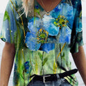 Fashion Trend All Match Digital Abstract Printing Loose V Neck Short Sleeved T Shirt