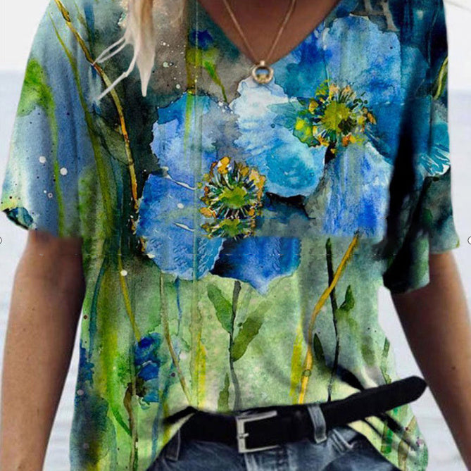 Fashion Trend All Match Digital Abstract Printing Loose V Neck Short Sleeved T Shirt