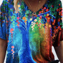 Fashion Trend All Match Digital Abstract Printing Loose V Neck Short Sleeved T Shirt