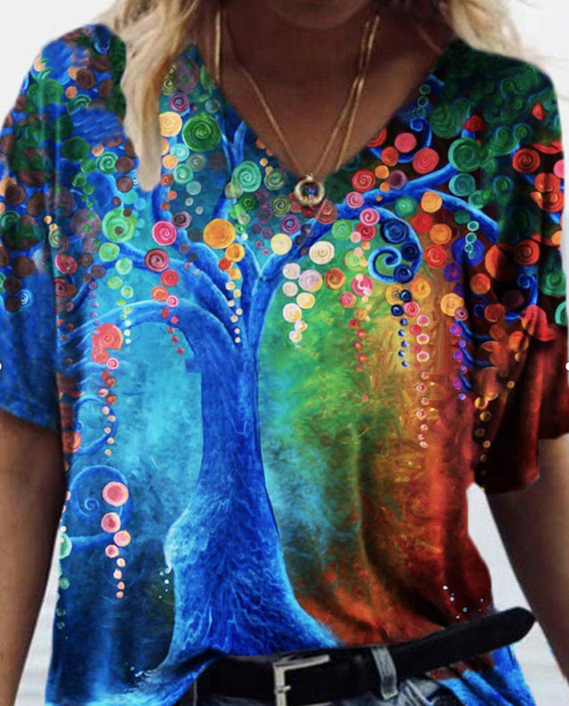 Fashion Trend All Match Digital Abstract Printing Loose V Neck Short Sleeved T Shirt