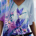 Fashion Trend All Match Digital Abstract Printing Loose V Neck Short Sleeved T Shirt