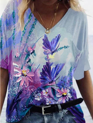 Fashion Trend All Match Digital Abstract Printing Loose V Neck Short Sleeved T Shirt