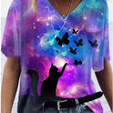 Fashion Trend All Match Digital Abstract Printing Loose V Neck Short Sleeved T Shirt