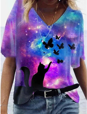 Fashion Trend All Match Digital Abstract Printing Loose V Neck Short Sleeved T Shirt