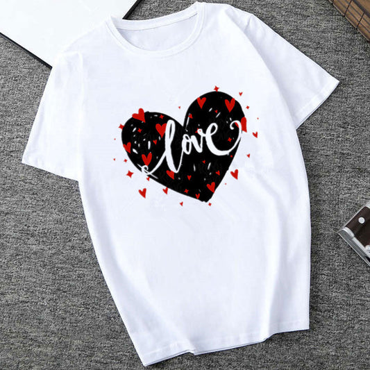 Love Heartbeat Printing Fun Casual Round Neck Pullover T-Shirt Bottoming Shirt