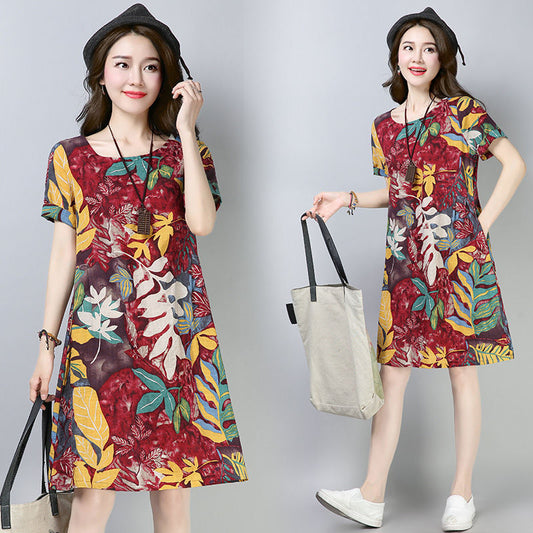 Printed Short-sleeved Dress Loose and Thin Ethnic Style Skirt