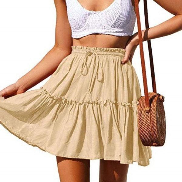 Retro Drawstring Casual Ruffled Beach Skirt