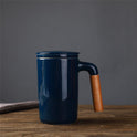 Ceramic Large Capacity Mug Custom Japanese Stoneware Office Cup Wooden Handle Gift Cup With Lid Tea Separation