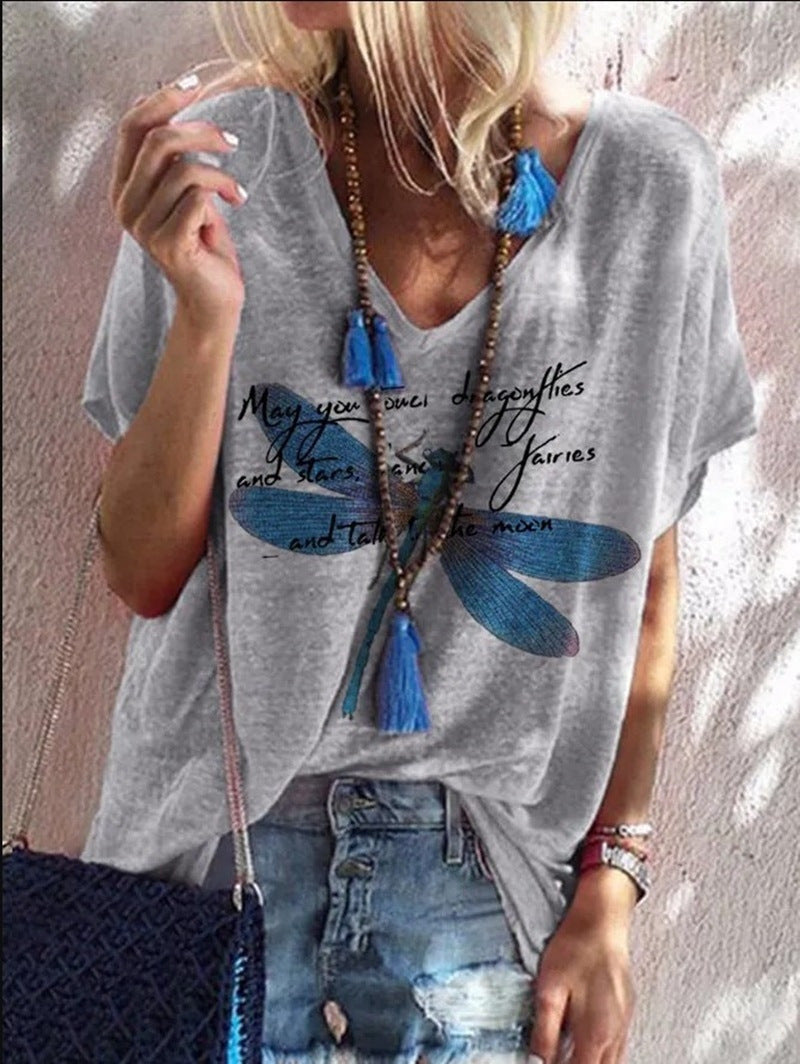 Summer Women's Fashion V-neck Short-sleeved Loose Printed Blouse Ccasual Plus Size T-shirt Women