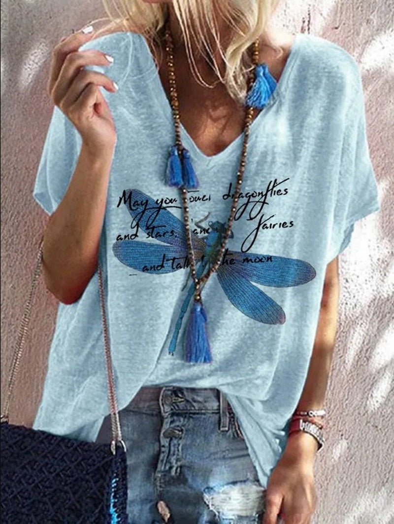 Summer Women's Fashion V-neck Short-sleeved Loose Printed Blouse Ccasual Plus Size T-shirt Women