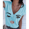 Cartoon Print Simple V Neck All Match Blouse Women