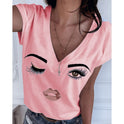 Cartoon Print Simple V Neck All Match Blouse Women