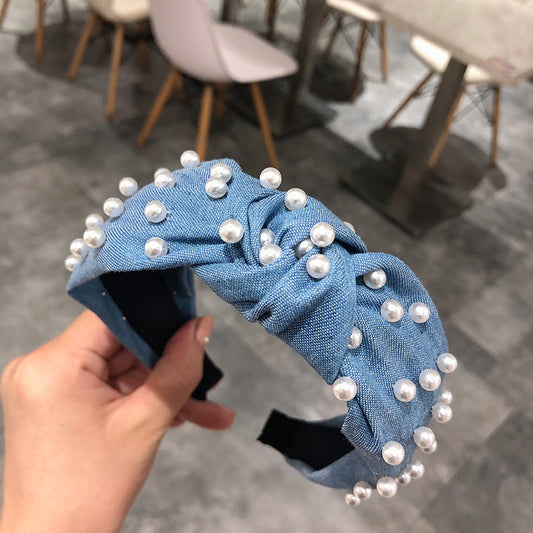 Pearl Style Headband Fashionable Middle Knotted Headdress Hairpin Denim