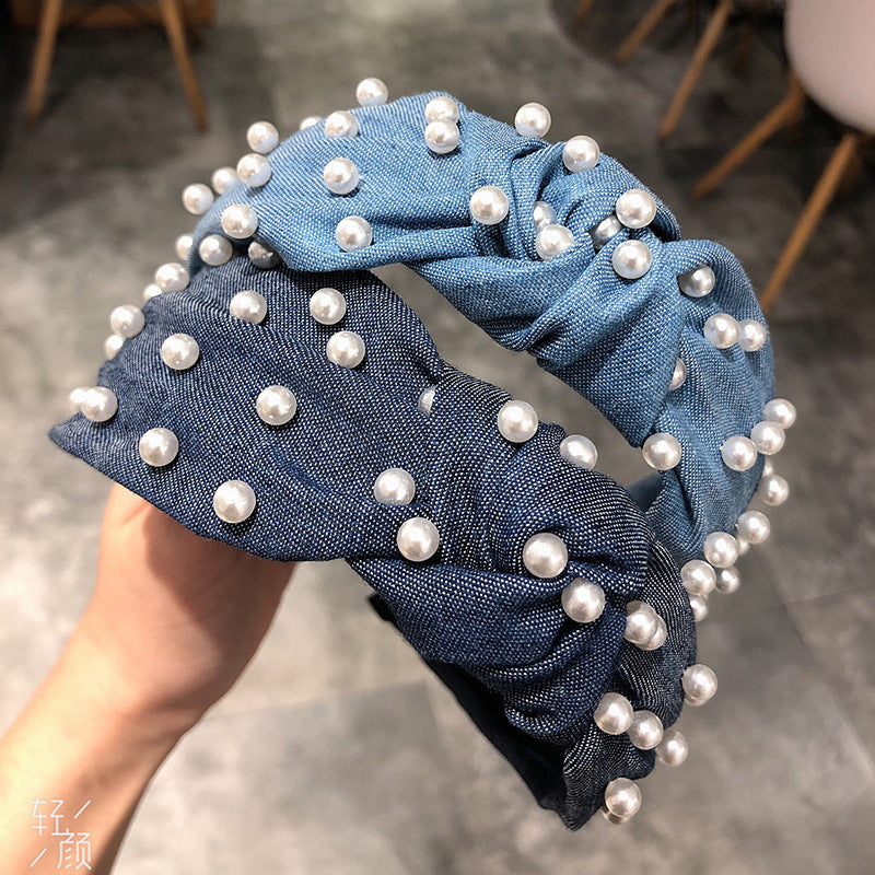 Pearl Style Headband Fashionable Middle Knotted Headdress Hairpin Denim