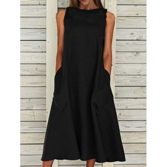 Round Neck Sleeveless Double Pocket Dress