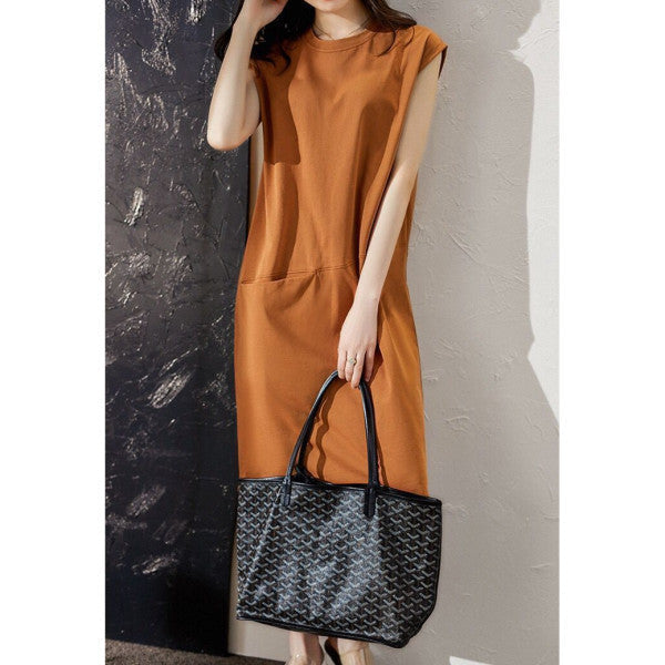 Loose And Thin Solid Color T shirt Pocket Dress