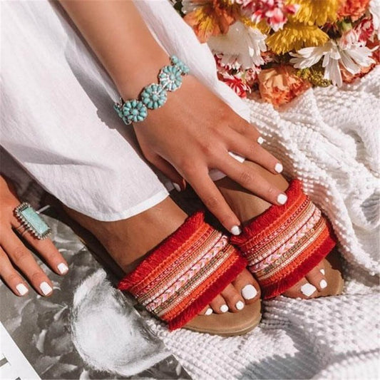 New Summer Fashion All-Match Outer Wear Flat Bottom One Word Non-Slip Beach Net Red Sandals Large Size Ins Slippers Women