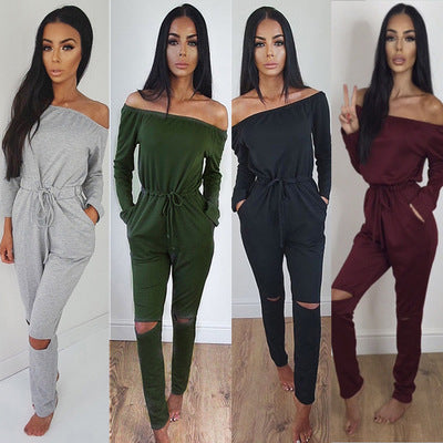 One Line Collar Oblique Shoulder Jumpsuit Feminine Sense Of Ripped Leggings