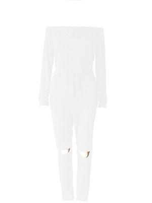 One Line Collar Oblique Shoulder Jumpsuit Feminine Sense Of Ripped Leggings