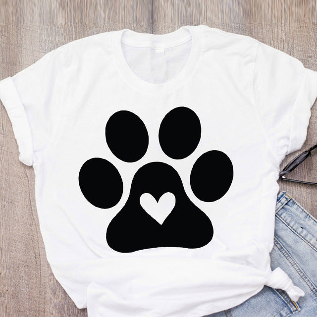 DOG MOM ECG Footprint Love Lady T-shirt Short Sleeve Top One Drop Delivery