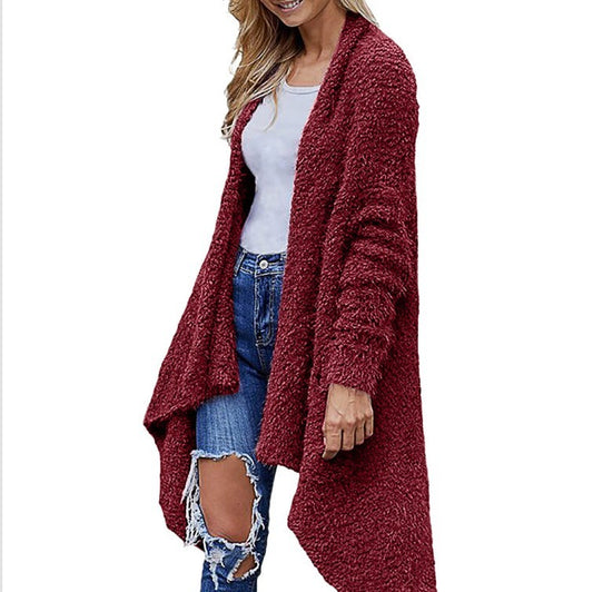 New Mid Length Cardigan Thick Plush Women's Solid Color Long Sleeved Loose Coat