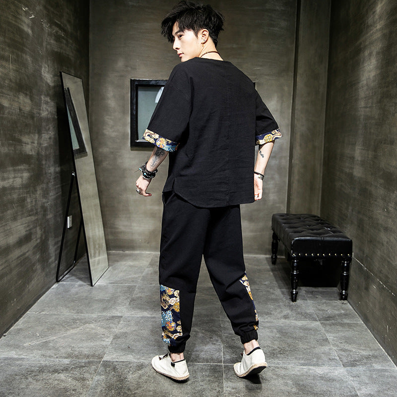 Two-piece Cotton and Linen Cropped Trousers Embroidery Clothes