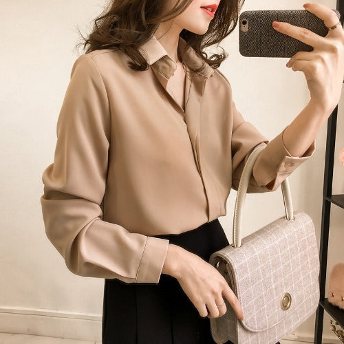 Retro Hong Kong Style Shirt Wear Loose And Thin, All-Match Long-Sleeved Ice Silk Chiffon Shirt